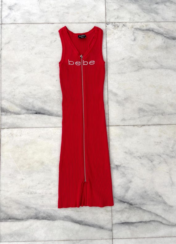 Y2K BEBE Dress Red Swarovski Midi Ribbed Knit Full Zip Women S Hip Hop Boho