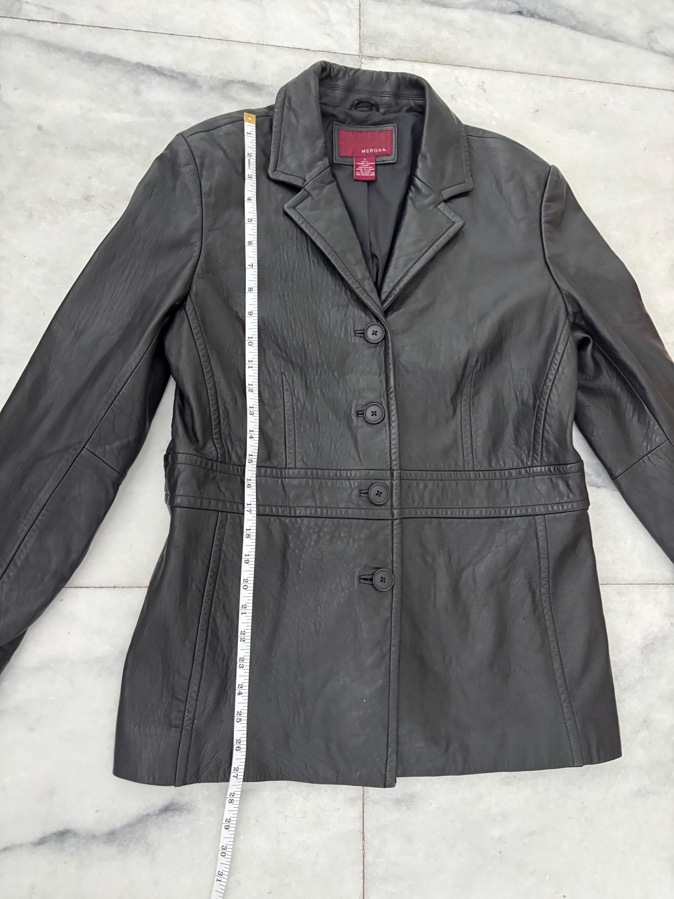 VTG Merona Leather Jacket Black Collared Lined Womens Large 90s