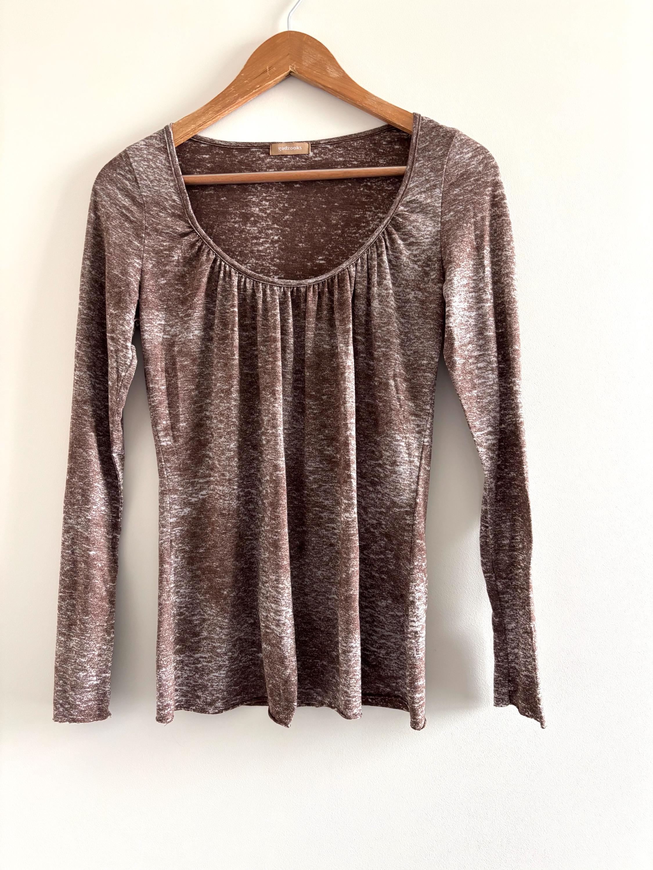 90s Y2K Gadzooks Top Tan Print Scoop Neck Long Sleeve Women M