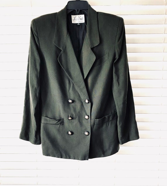 90s Le Suit Hunter Green Plaid Rayon Blazer 90s V… - image 5