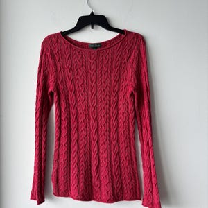 Vintage Ralph Lauren Cable Knit Sweater Red Boat Neck Cotton Long Sleeve Women Small Preppy Boho