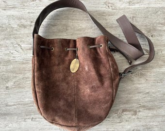 Vintage 90s Kenneth Cole Brown Leather Suede Drawstring Bucket Bag