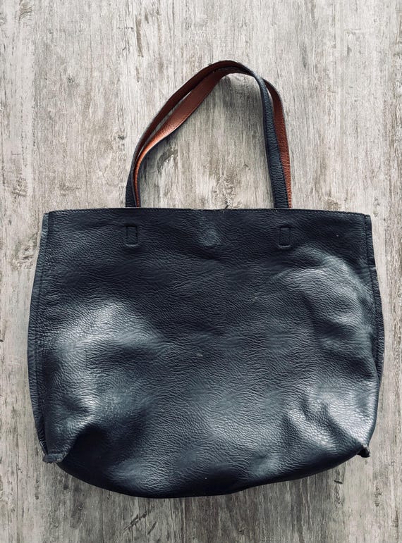 VTG Leather Tote Bag Large Brown Black Reversible Minimalist