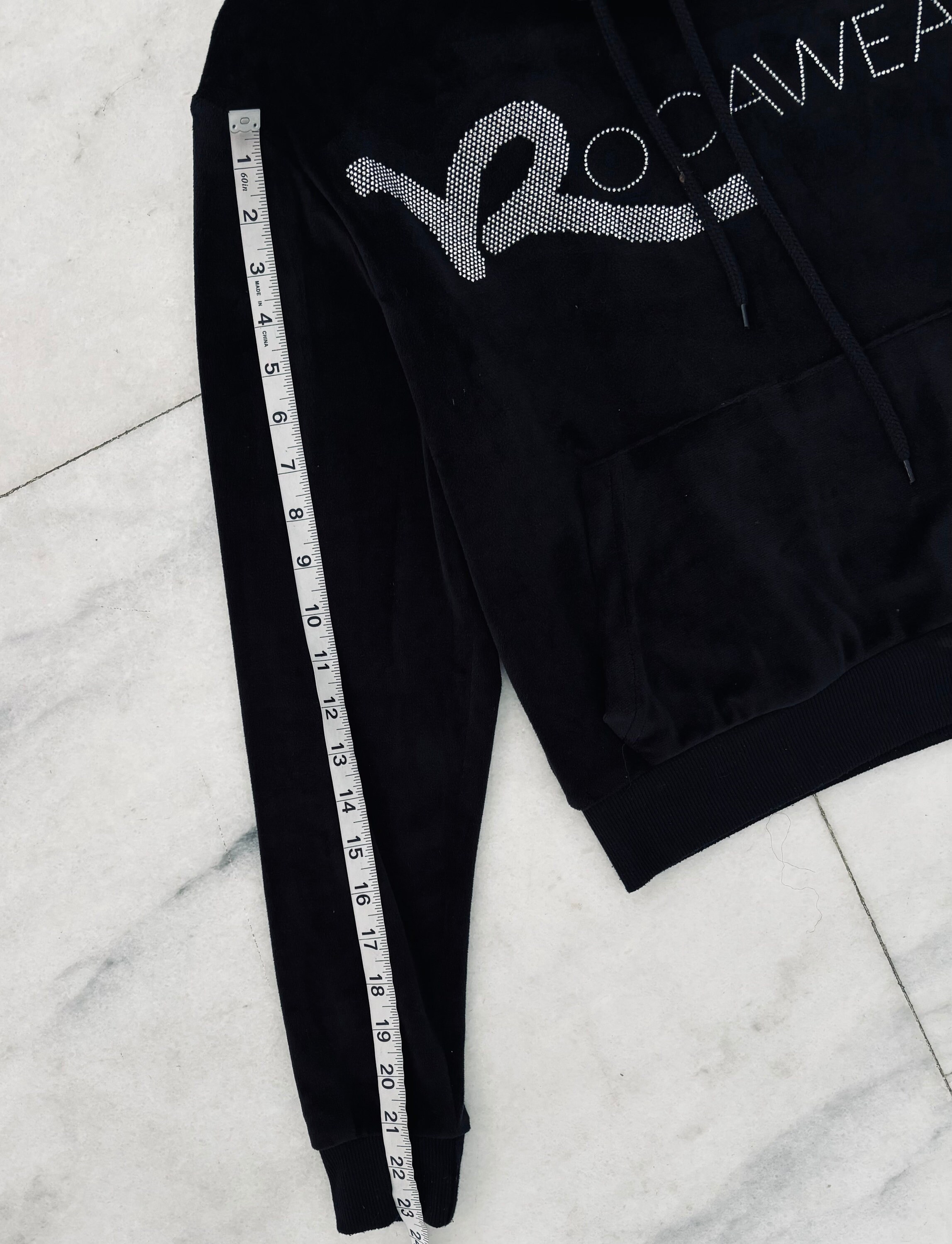 Y2K ROCAWEAR Hoodie Black Velour Velvet Rhinestone Logo Womens S