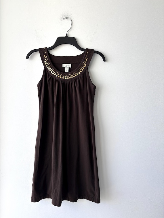 ann taylor loft brown dress VTG Mini Sleeveless Sequin Neck Womens XS Boho Y2K fits loose and swingy bubble hem dress ASOS Design - Mini Color:custom made