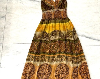 Y2K Madrag Dress Maxi Tribal Print V Neck Spaghetti Strap Smocked Women’s S Boho