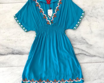 Vintage Dislay Paris Dress Mini Coverup Embroidered Cotton Turquoise Boho Womens M NWT