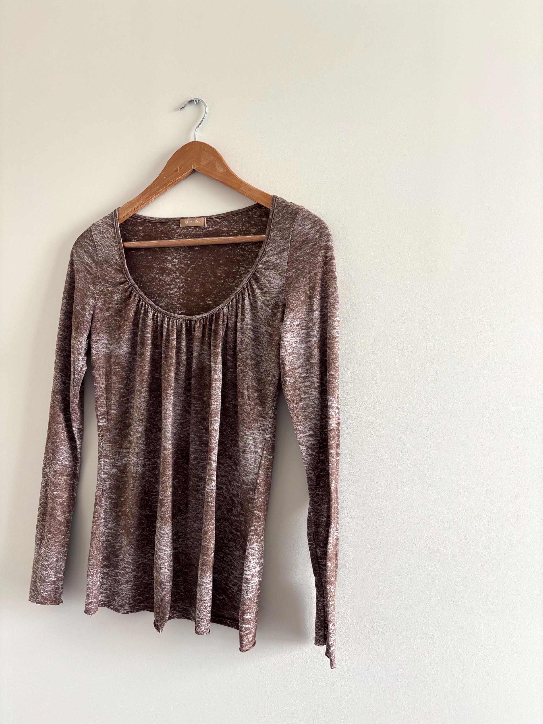 90s Y2K Gadzooks Top Tan Print Scoop Neck Long Sleeve Women M