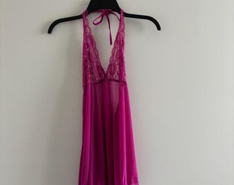 Canotta babydoll anni '90 Y2K con scollo all'americana, pizzo trasparente, rete rosa, da donna, taglia M, romantica