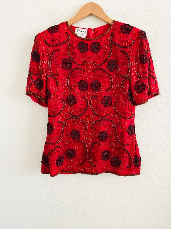 Stenay 80s Vintage Red Sequin Silk Floral Embroid… - image 9