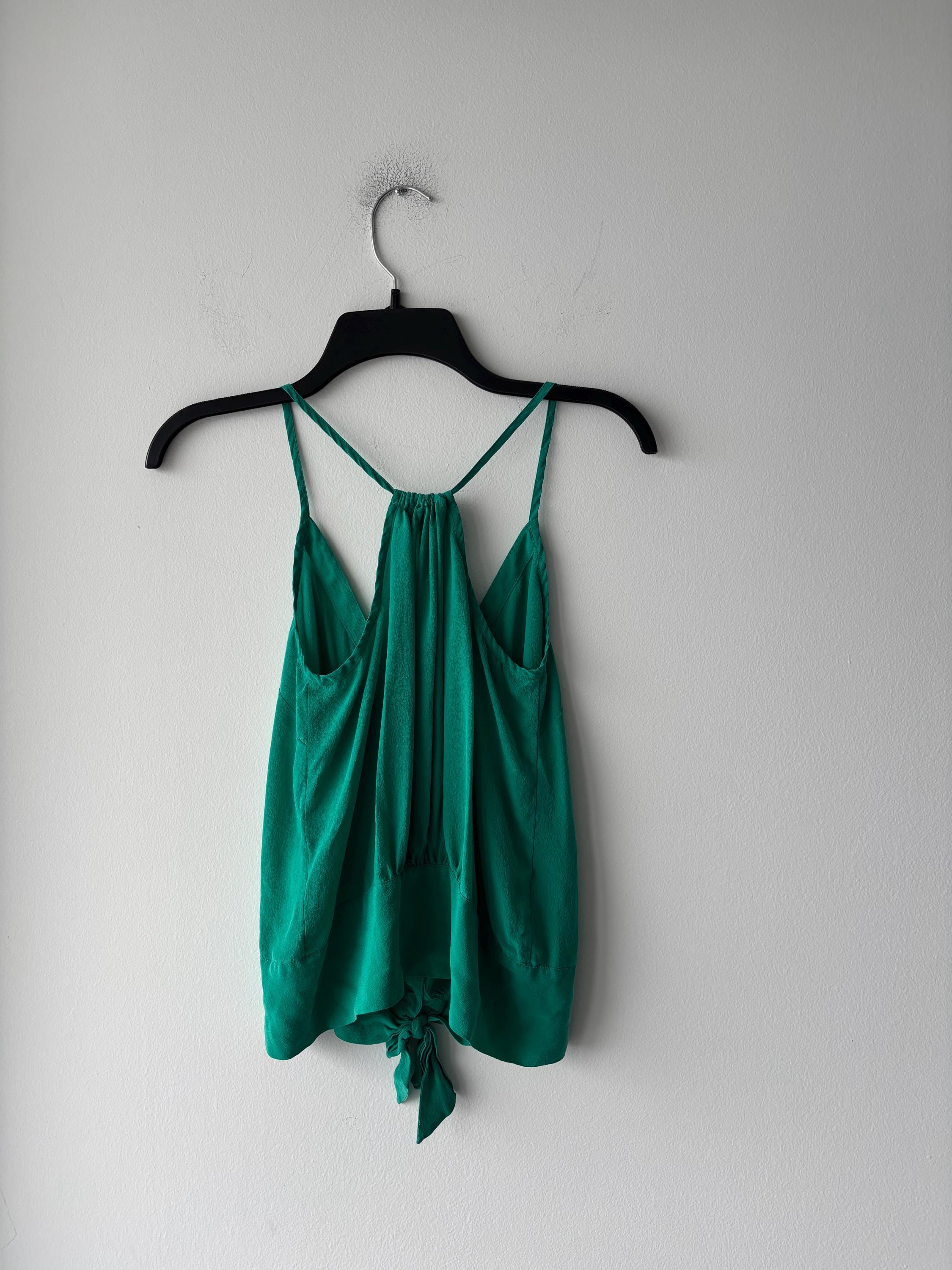 Y2K BEBE Tank Top Green Silk Button up V-neck Tie Racerback Womens