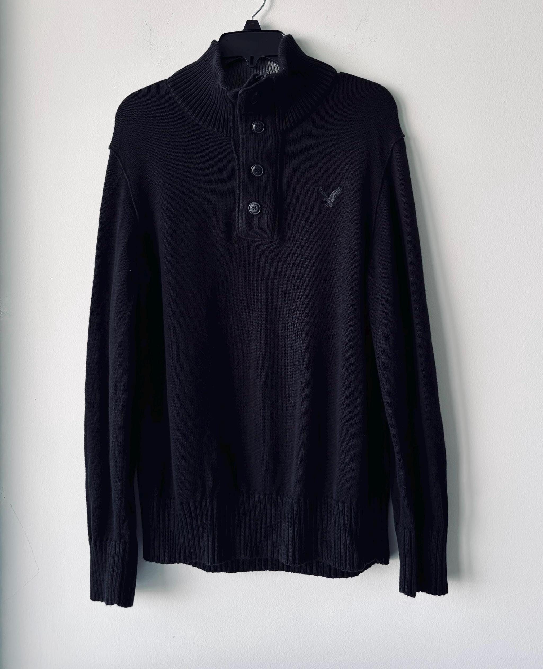Y2K American Eagle Sweater Henley Mock Neck Black Cotton Mens M 