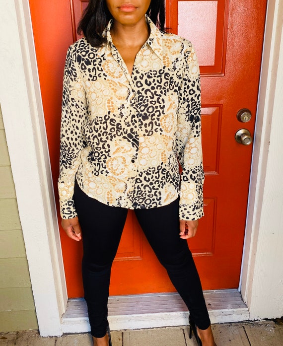 90s Button Down Leopard and Abstract Print Blouse,