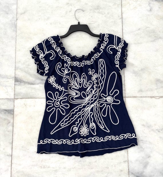 Vintage Lauren Michelle Blouse Blue Floral Applique Embroidered