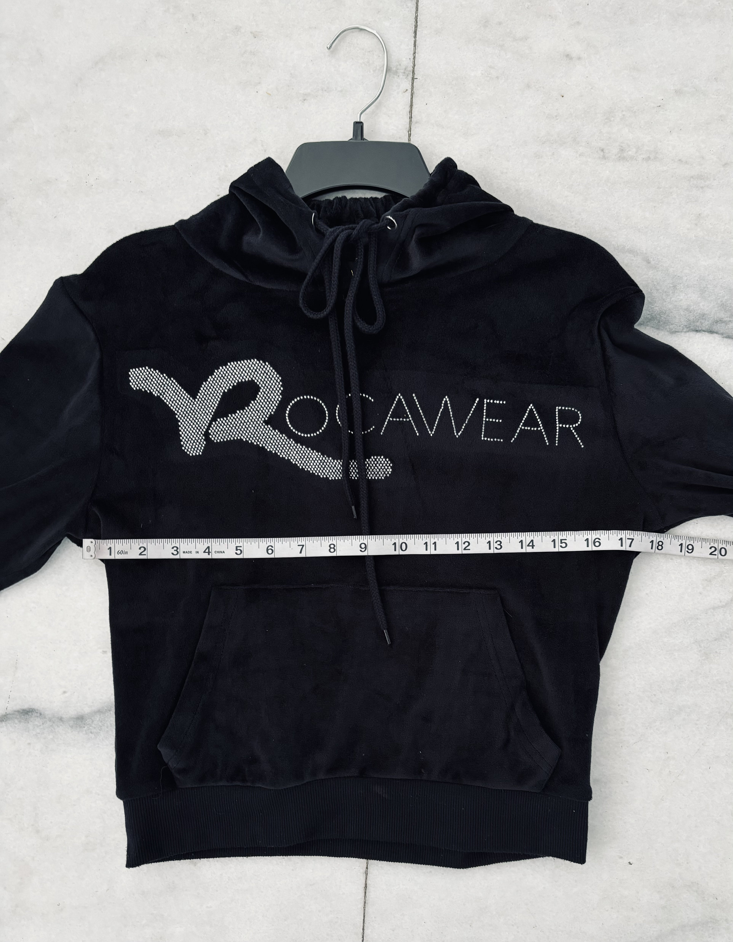 Y2K ROCAWEAR Hoodie Black Velour Velvet Rhinestone Logo Womens S