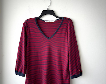 Camiseta Tommy Hilfiger Y2K VTG de algodón con cuello en V y rayas rojas y azules para mujer M Preppy Academia