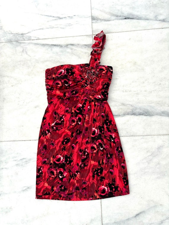 Vintage Carole Little Red Floral One Shoulder Dres