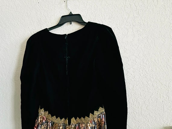90s Vintage Velvet Satin Black Floral Long Dress … - image 3