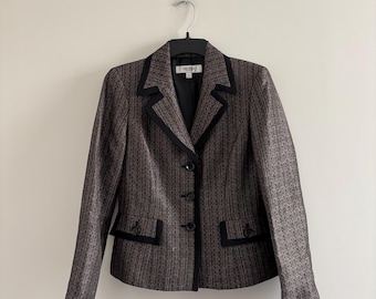 Blazer vintage Jones Studio, oro e nero, jacquard metallizzato, da donna, taglia 4, stile glamour anni '90, retrò.