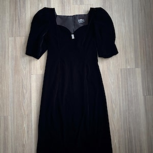 VTG 80s Cachet Bari Protas Dress Velvet Black Puff Sleeve Knee Womens 9/10 Party USA