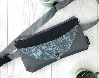 Grey fanny pack -blue heart / Belt Bag / Hip Bag /Hip Pack / Bum Bag / Waist Bag / Crossbody Purse / Bags for Women / Convertible
