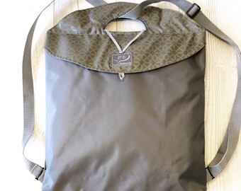 Large convertible gray backpack | foldable, water-repellent with interior pocket - charcoal canvas - ochre diamond pattern / beach bag