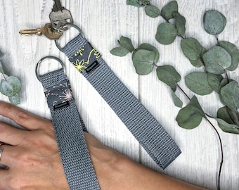Gray-Floral pattern, Wristlet Key Fob, Keychain, Key Chain, Wrist Lanyard, Key Strap, Key Ring, Hands Free Keychain,Phone Strap,Camera Strap
