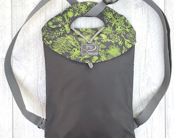 Medium grey convertible backpack - lime green herbarium pattern / Bags for Women / Mini Backpack / Small Backpack / Everyday Bag
