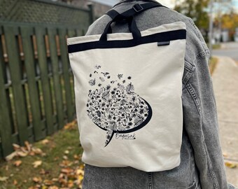 Medium convertible cotton backpack  / herbarium pattern / water-repellent cotton bag / travel bag / shopping bag / canvas bag / shoulder bag