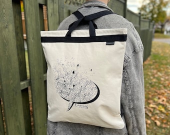 Medium convertible cotton backpack  / heart pattern / water-repellent cotton bag / travel bag / shopping bag / canvas bag / shoulder bag