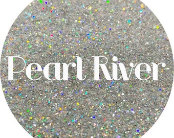 May include: A close-up of iridescent glitter with a white background and the text "Pearl River" in white.