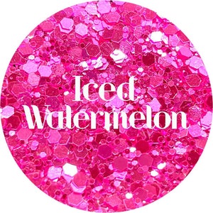 May include: Pink glitter with the text "Iced Watermelon" in white.