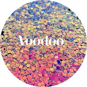 May include: A close-up of iridescent holographic glitter in shades of pink, orange, yellow, and blue. The word "Voodoo" is written in white text on the glitter.