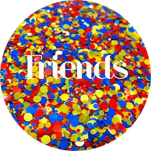 May include: Circular design filled with colorful confetti in red, yellow, and blue. The word "Friends" is written in white across the center of the image. The confetti is scattered throughout the design.