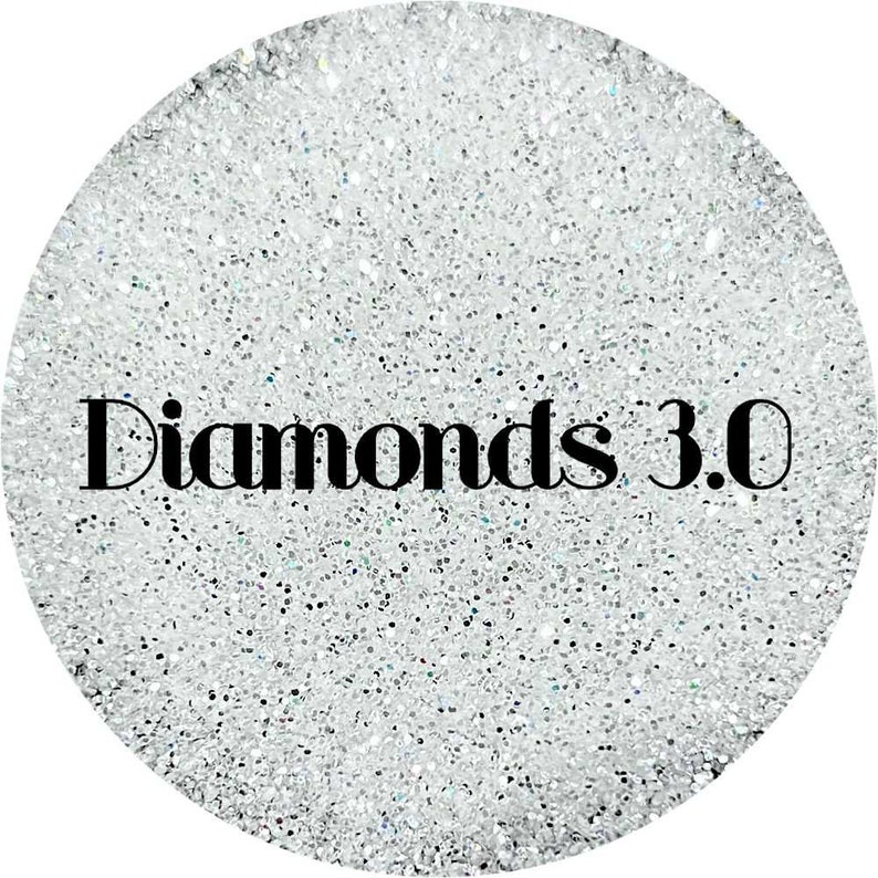 May include: A close-up of a white glitter background with the text "Diamonds 3.0" in black.