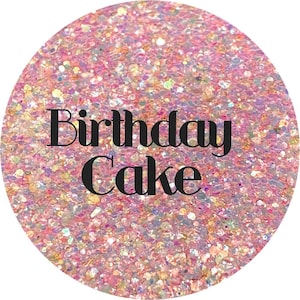 May include: A pink and white glitter background with the text "Birthday Cake" in black.