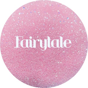 May include: Pink glitter with iridescent sparkle, with the word "Fairytale" in white text.