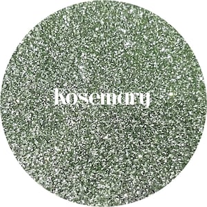 May include: A close-up of a green glitter with a white text overlay that says "Rosemary".