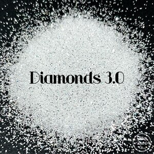 May include: A close-up of a pile of white glitter with the text "Diamonds 3.0" in black lettering.