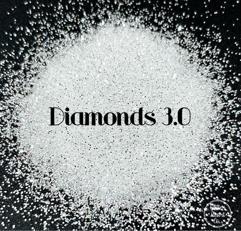 May include: A close-up of a pile of white glitter with the text "Diamonds 3.0" in black lettering.