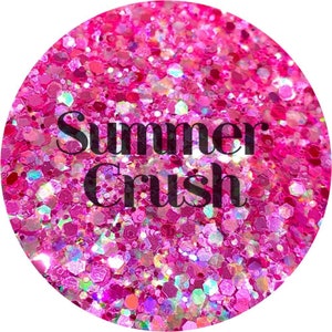 May include: Pink glitter with iridescent sparkle, with the text "Summer Crush" in black.
