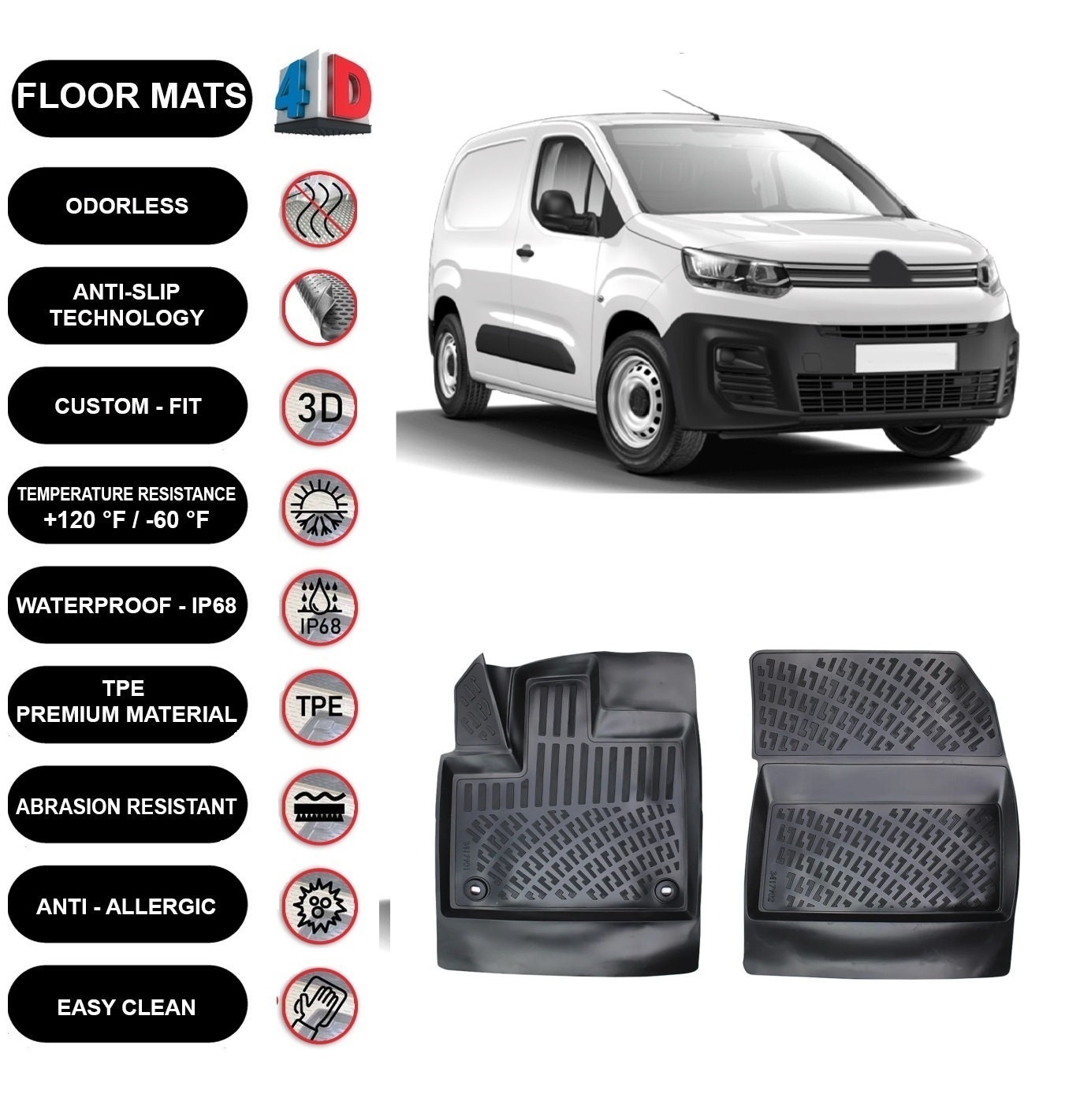 Floor Mats Liner Fits Citroen Berlingo Panelvan 2019 2024 All Wheather Waterproof 4D Molded Black 2Pcs