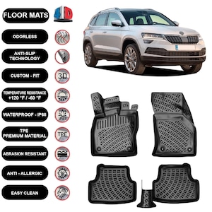Floor Mats Liner Fits Skoda Karoq (2017-2024) Waterproof 4D Molded Black 4Pcs