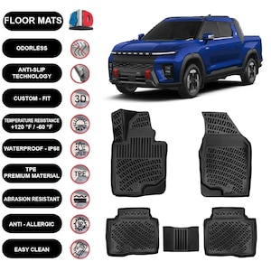 May include: Black floor mats with a textured pattern, designed for a vehicle. The mats are shown with a blue truck. Features include anti-slip technology, waterproof, and abrasion resistance. The mats are custom fit and easy to clean.