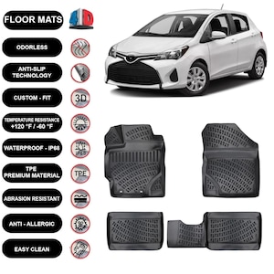 Floor Mats Liner Fits Toyota Yaris (2013-2019) Waterproof 4D Molded Black 4Pcs