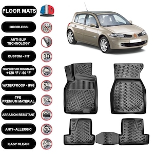 Floor Mats Liner Fits Renault Megane 2 Hatchback (2003-2008) Waterproof 4D Molded Black 4Pcs