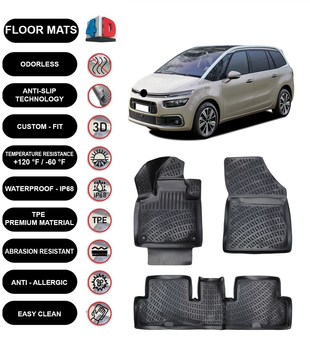Tappetini Su Misura Peugeot 307 Set Di Tappetini In Gomma Per Citroen C4 I (04-10) / C4 II (10-18 Tappetini Bordo Rialzato