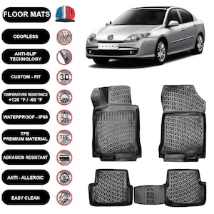 Floor Mats Liner Fits Renault Laguna 3 (2008-2014) Waterproof 4D Molded Black 4Pcs