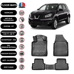 Floor Mats Liner Fits Nissan Qashqai (2006-2013) Waterproof 4D Molded Black 4Pcs