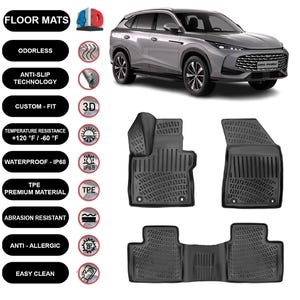 Puede incluir: Alfombrillas negras con superficie texturizada y un coche en el fondo. Las alfombrillas están etiquetadas como inodoras, antideslizantes, de ajuste personalizado e impermeables. Las alfombrillas están hechas de material TPE de primera calidad y son resistentes a la abrasión.